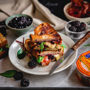 Grilled Munster cheese, bacon and blackberry jam