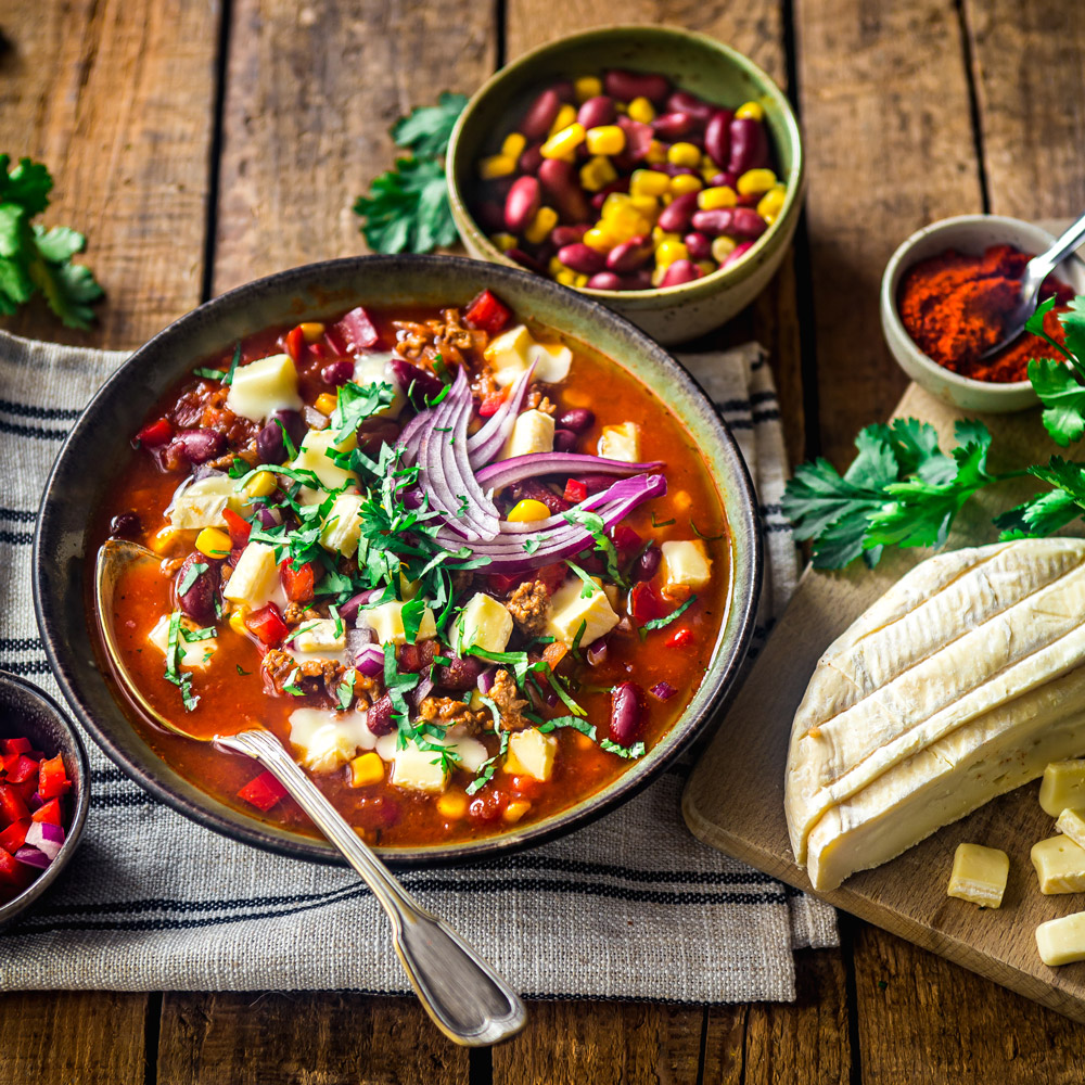 Chilli con carne style tartiflette cheese soup