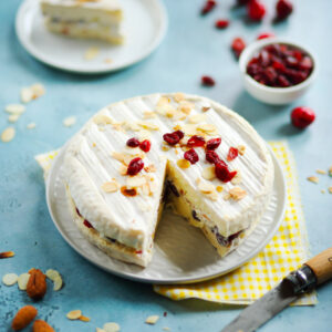 Brie stuffed with cranberries and almonds