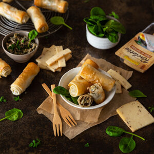 Chicken and spinach heart cigars with porcini mushroom raclette