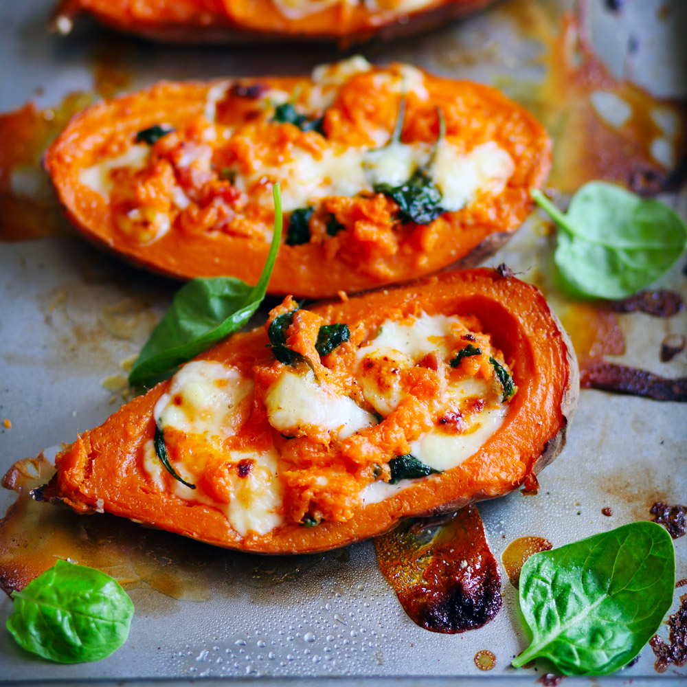 Sweet potatoes stuffed with Ermitage Raclette