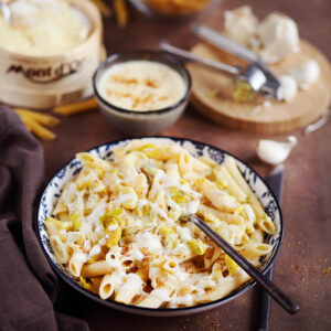 Leek and garlic pasta with Mont d’Or sauce